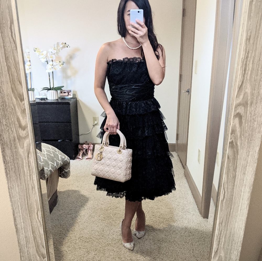 Strapless Tiered Lace Dress with Oversized Bow